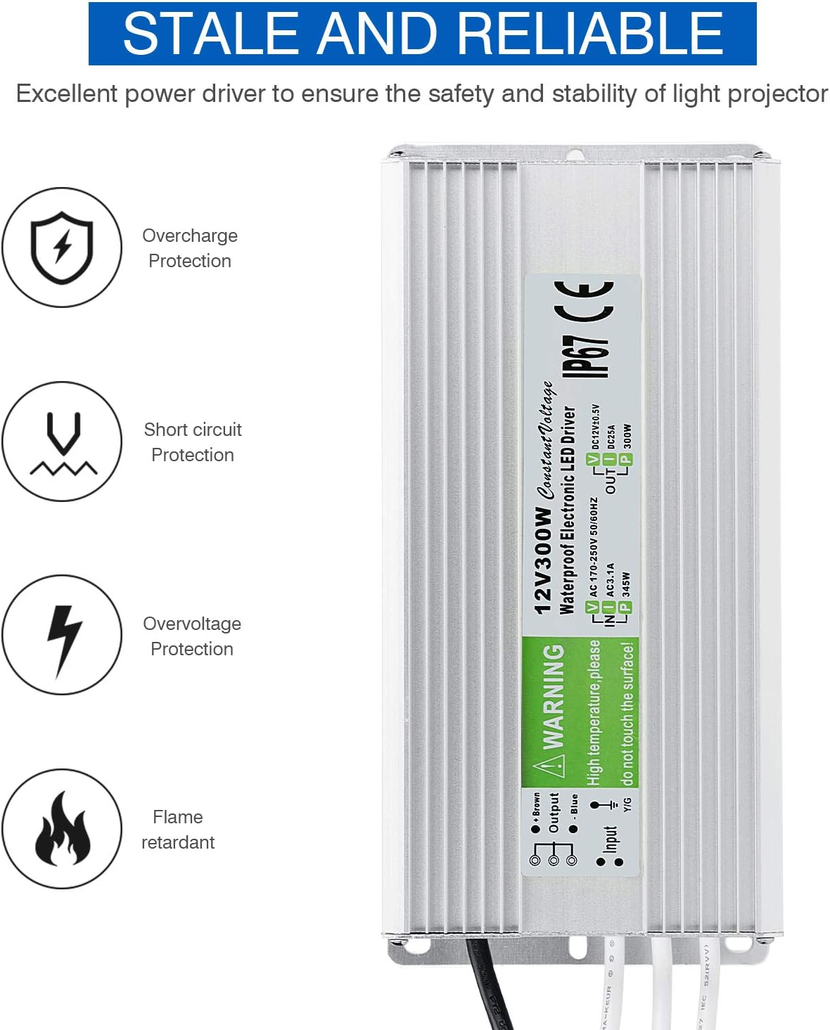 5 Pack Waterproof IP67 LED Power Supply Driver Transformer 300W 110V AC to 12V DC Low Voltage Output with 3-Prong Plug 3.3 Feet Cable M6425