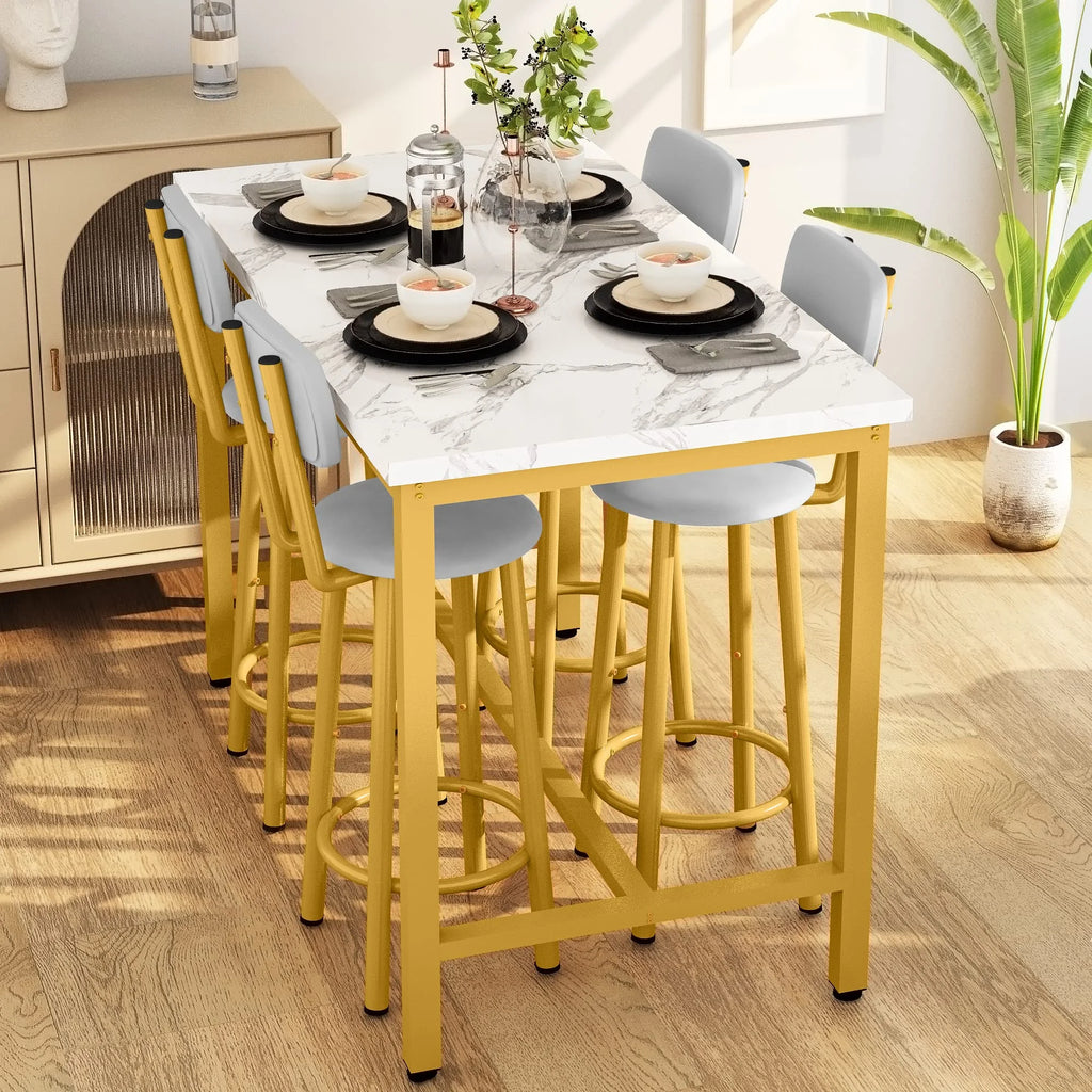 Faux Marble Counter Height Dining Table Set with 4 PU Upholstered Stools L497