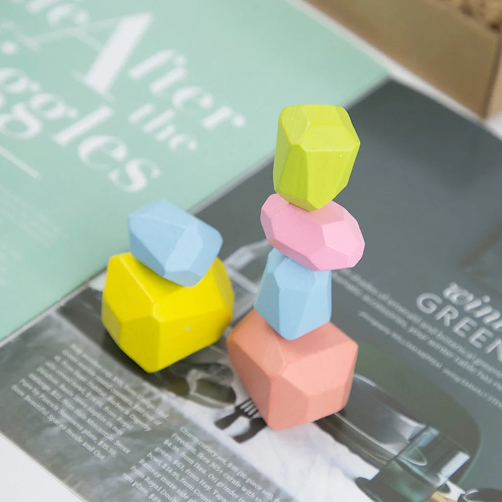 18 Pcs Wooden Colored Stone Stacking Game Building Block L9648
