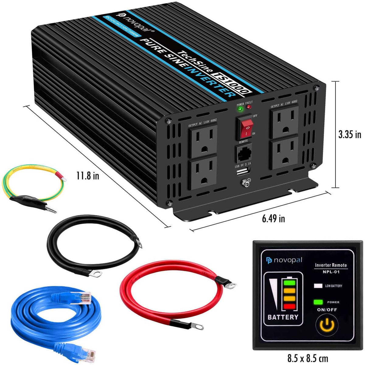 Pure Sine Wave Power Inverter 1000 Watt 12V DC to 110V AC Converter with 4 AC Outlets and One USB Port O3559