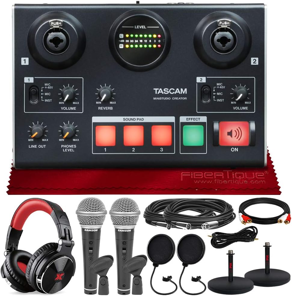Audio Interface with 2 Samson Microphones + Headphones + Pop Filters + Goose Neck Stands + Cleaning Cloth K887411