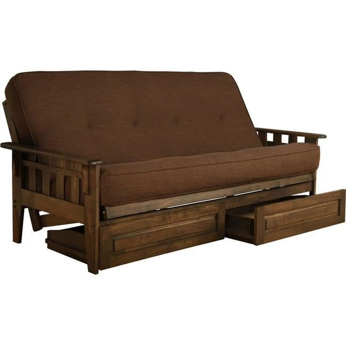 Rustic Walnut Futon Frame with Linen Cocoa Mattress & Storage Drawers - Full Size I943489