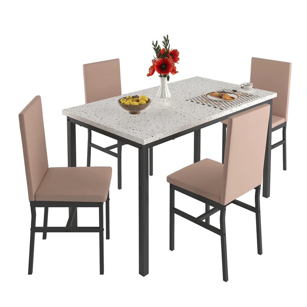 5 Piece Dining Table and Chairs Set with Faux Marble Tabletop and 4 PU Leather Upholstered Chairs E3515