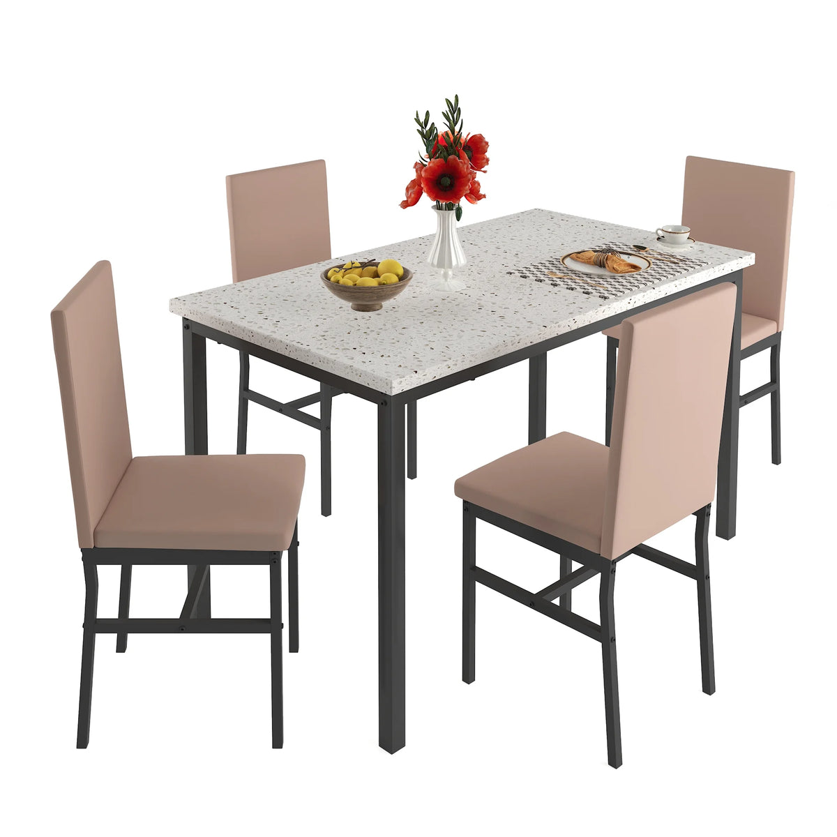 5 Piece Dining Table and Chairs Set with Faux Marble Tabletop and 4 PU Leather Upholstered Chairs E3515