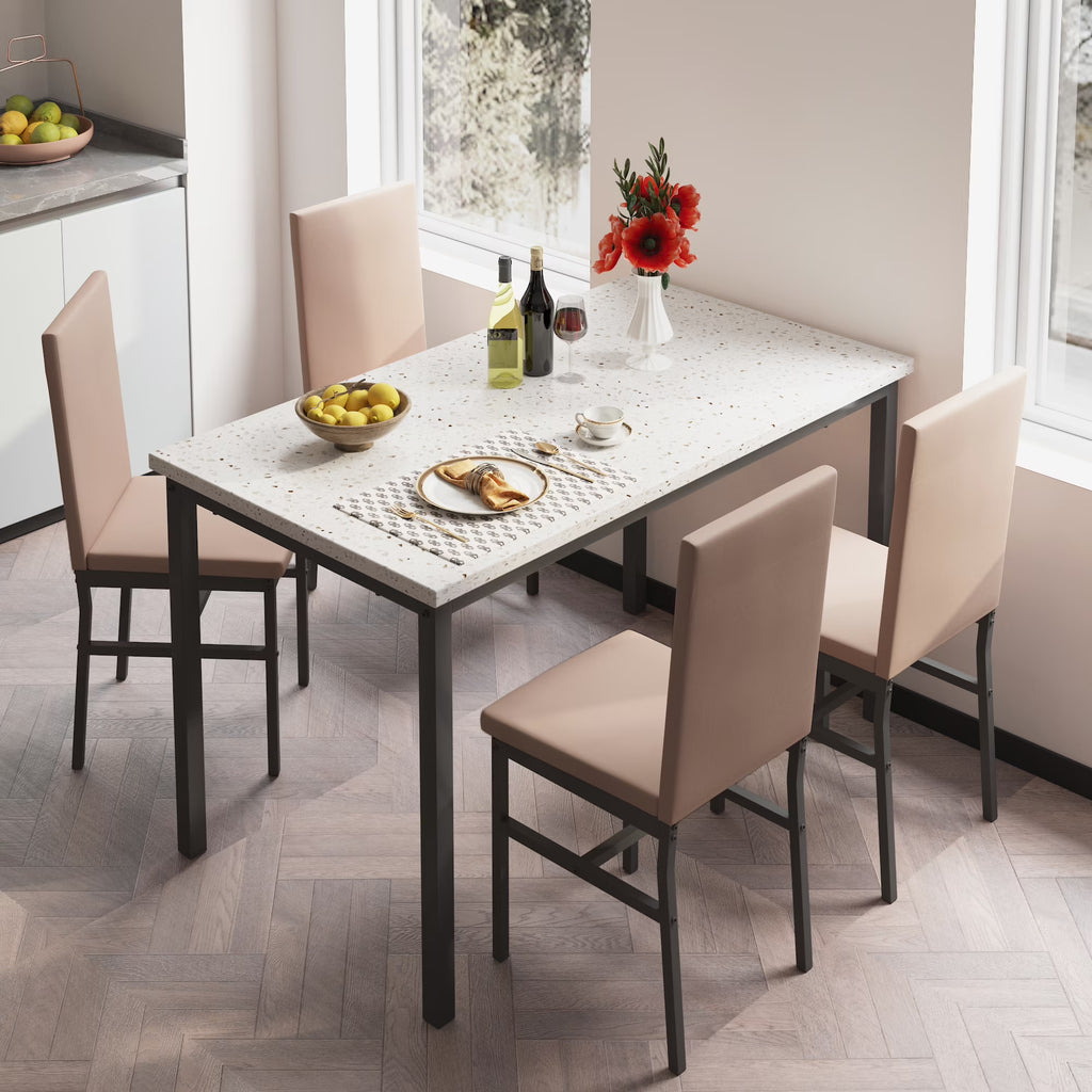 5 Piece Dining Table and Chairs Set with Faux Marble Tabletop and 4 PU Leather Upholstered Chairs E3515