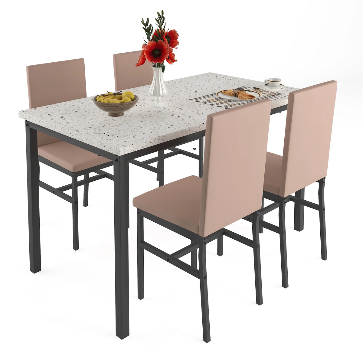 5 Piece Dining Table and Chairs Set with Faux Marble Tabletop and 4 PU Leather Upholstered Chairs E3515