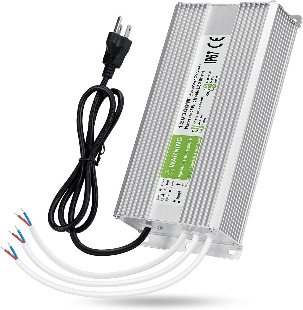 5 Pack Waterproof IP67 LED Power Supply Driver Transformer 300W 110V AC to 12V DC Low Voltage Output with 3-Prong Plug 3.3 Feet Cable M6425