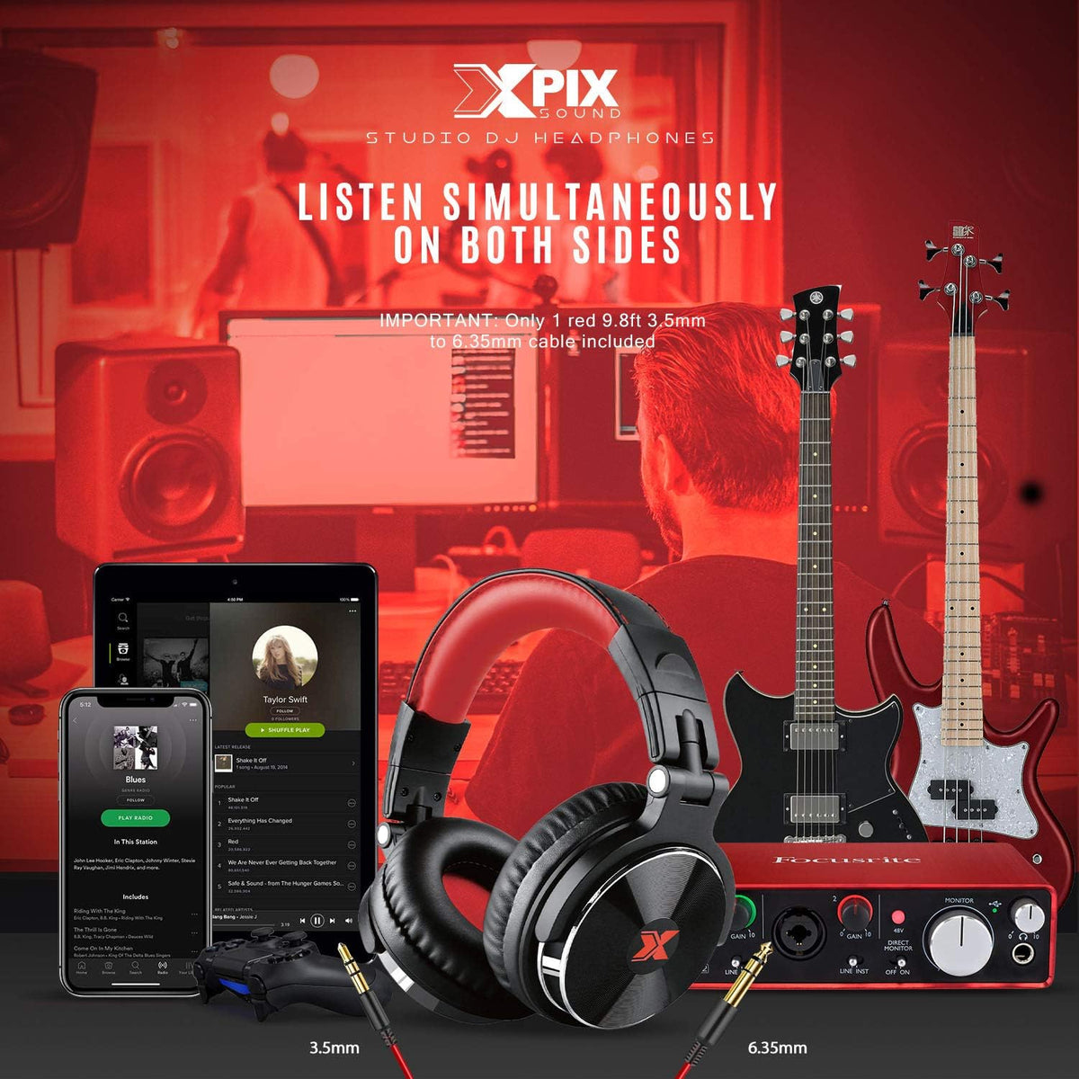 Audio Interface with 2 Samson Microphones + Headphones + Pop Filters + Goose Neck Stands + Cleaning Cloth K887411