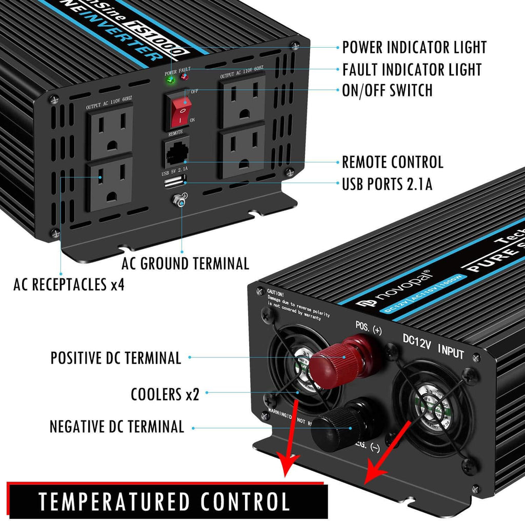 Pure Sine Wave Power Inverter 1000 Watt 12V DC to 110V AC Converter with 4 AC Outlets and One USB Port O3559