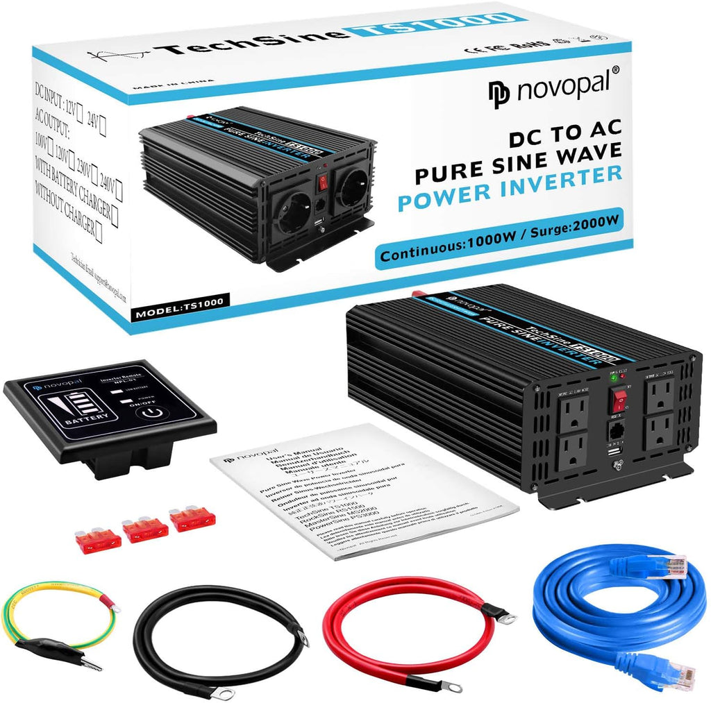 Pure Sine Wave Power Inverter 1000 Watt 12V DC to 110V AC Converter with 4 AC Outlets and One USB Port O3559
