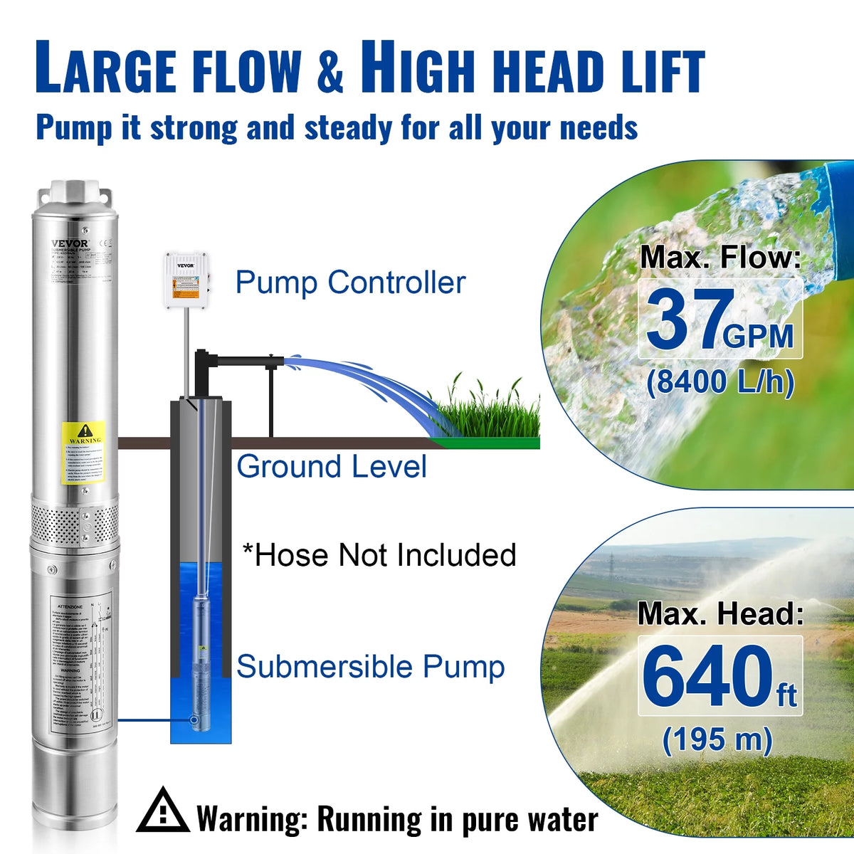 3HP 230V 37GPM 640 ft Head 4 inch Stainless Steel Submersible Pump V903