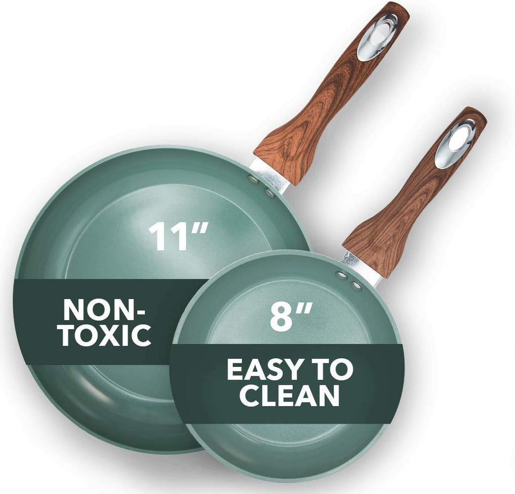 Aluminum Nonstick Ceramic Frying Pan Set 8 Inch and 11 Inch Green L756916
