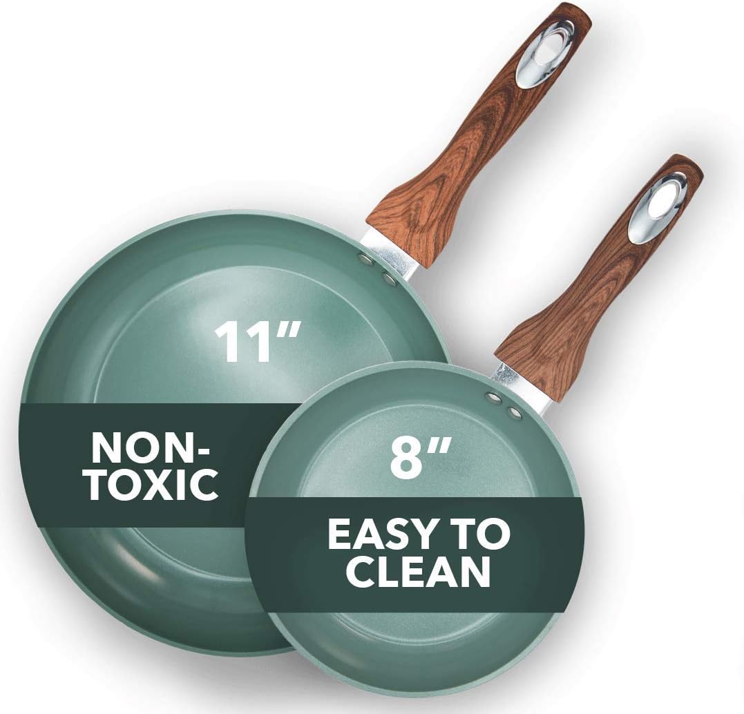 Aluminum Nonstick Ceramic Frying Pan Set 8 Inch and 11 Inch Green L756916