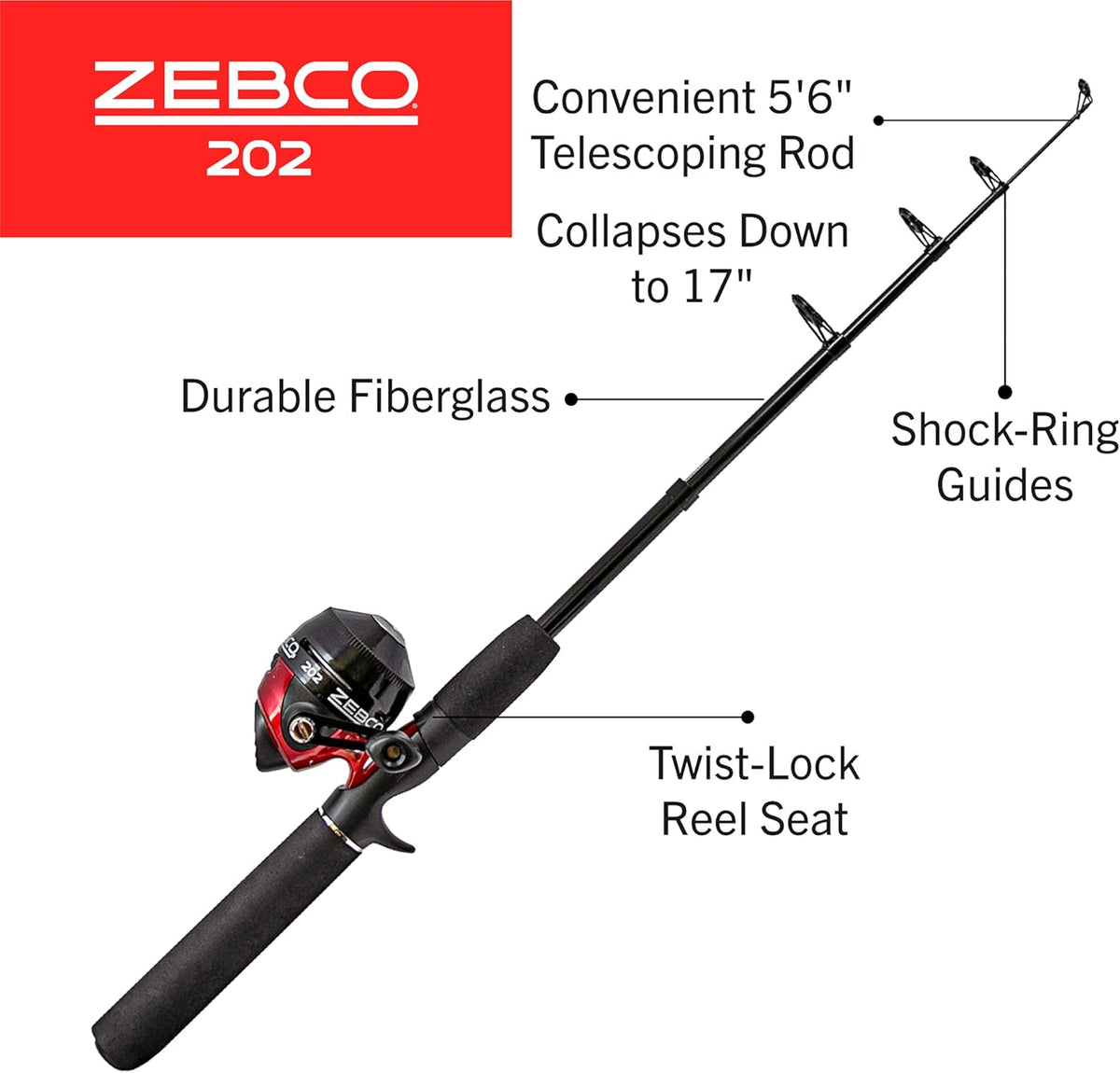 Spincast Reel and Telescopic Fishing Rod Combo, 17-Inch to 5-Foot 6-Inch Telescopic Fishing Pole, Size 30 Reel, Right-Hand Retrieve, Pre-Spooled with 10-Pound Line, Black/Red K457