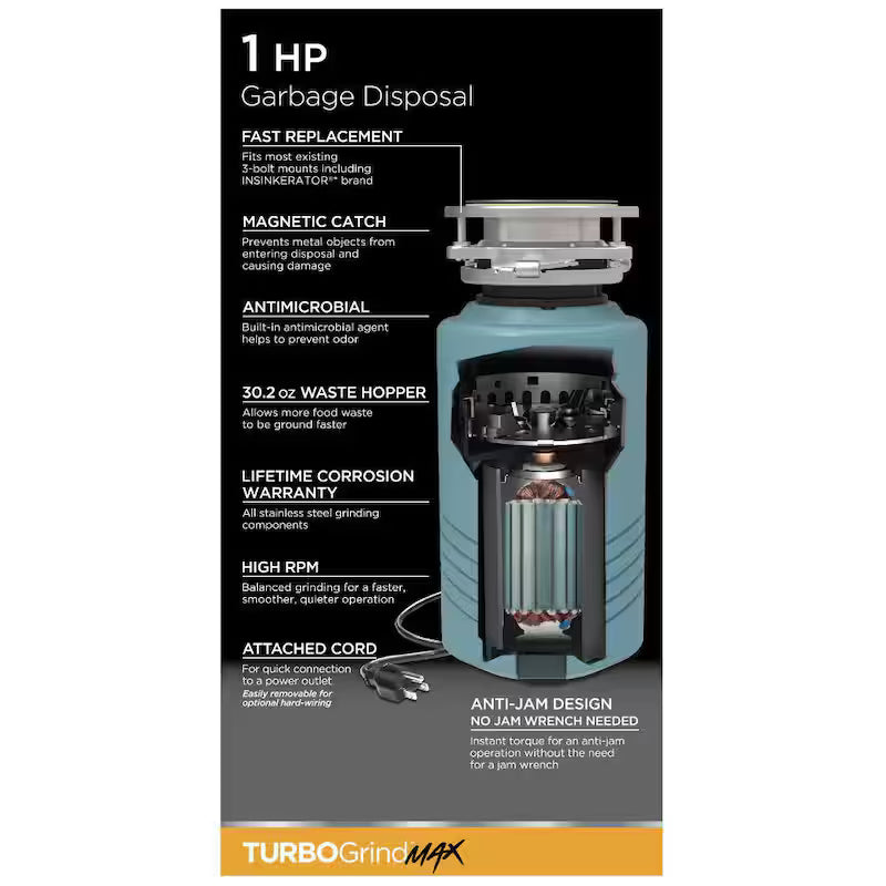 1 hp Continuous Feed Garbage Disposal with Power Cord X449