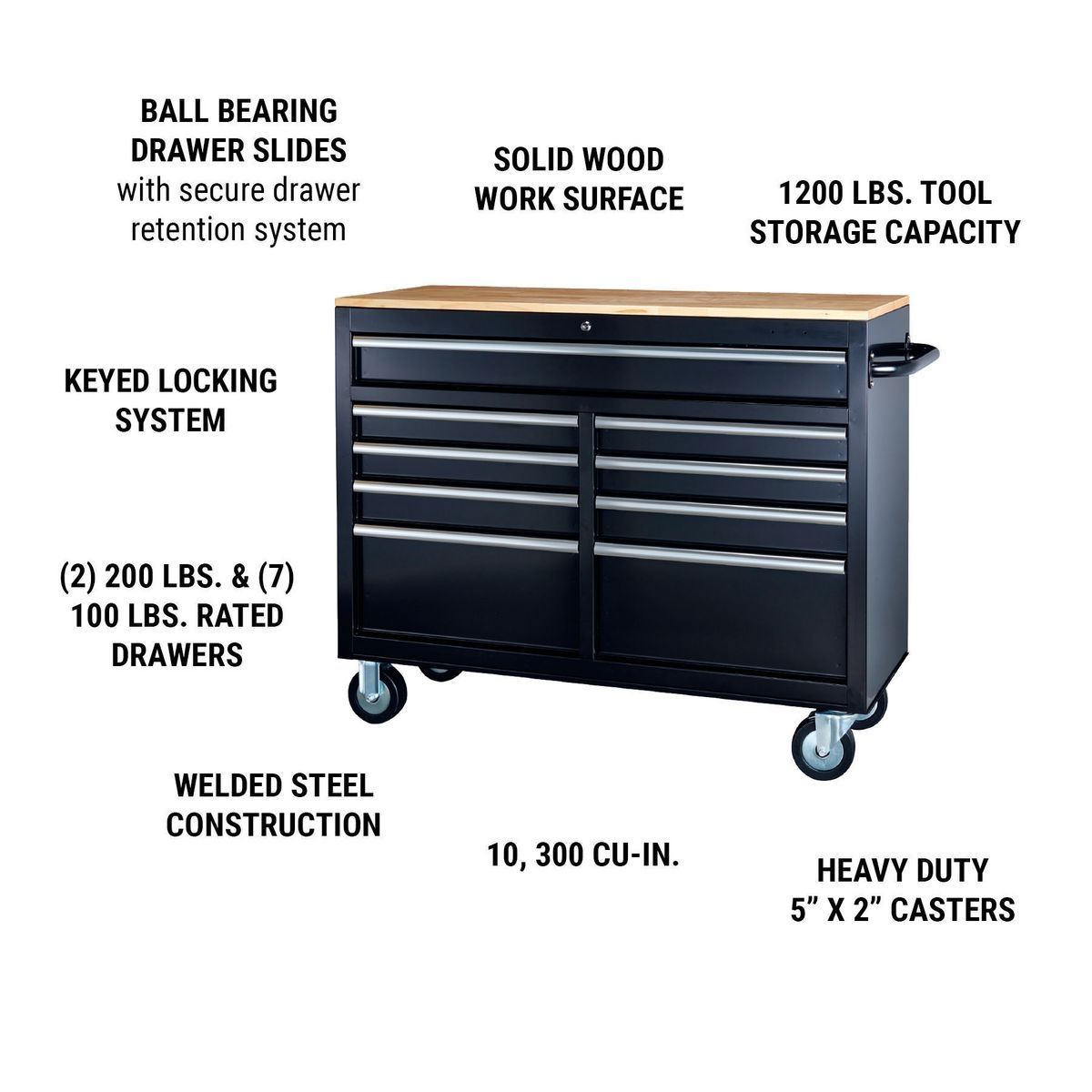 Black 9-Drawer Mobile Storage Cabinet with Solid Wood Top G8180