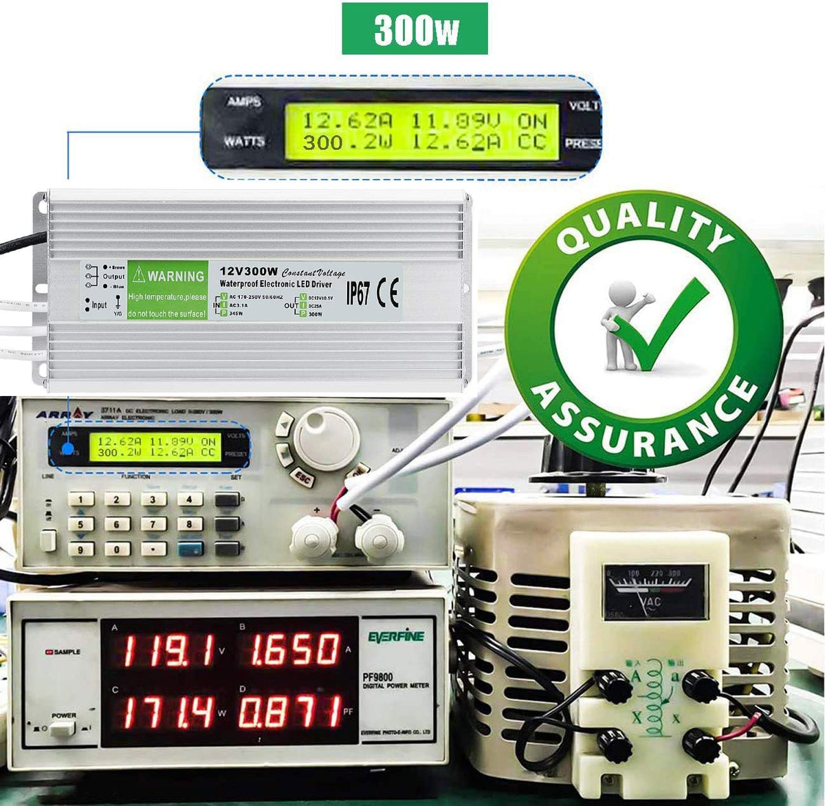 5 Pack Waterproof IP67 LED Power Supply Driver Transformer 300W 110V AC to 12V DC Low Voltage Output with 3-Prong Plug 3.3 Feet Cable M6425