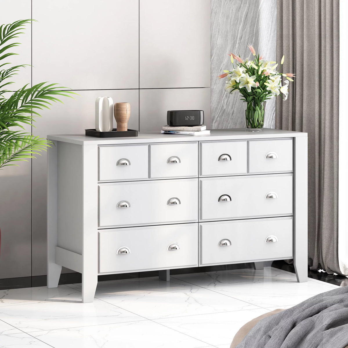 White 6 Drawer Faux Wood Double Dresser B85608