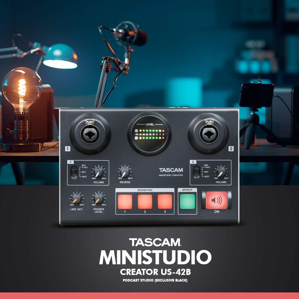 Audio Interface with 2 Samson Microphones + Headphones + Pop Filters + Goose Neck Stands + Cleaning Cloth K887411