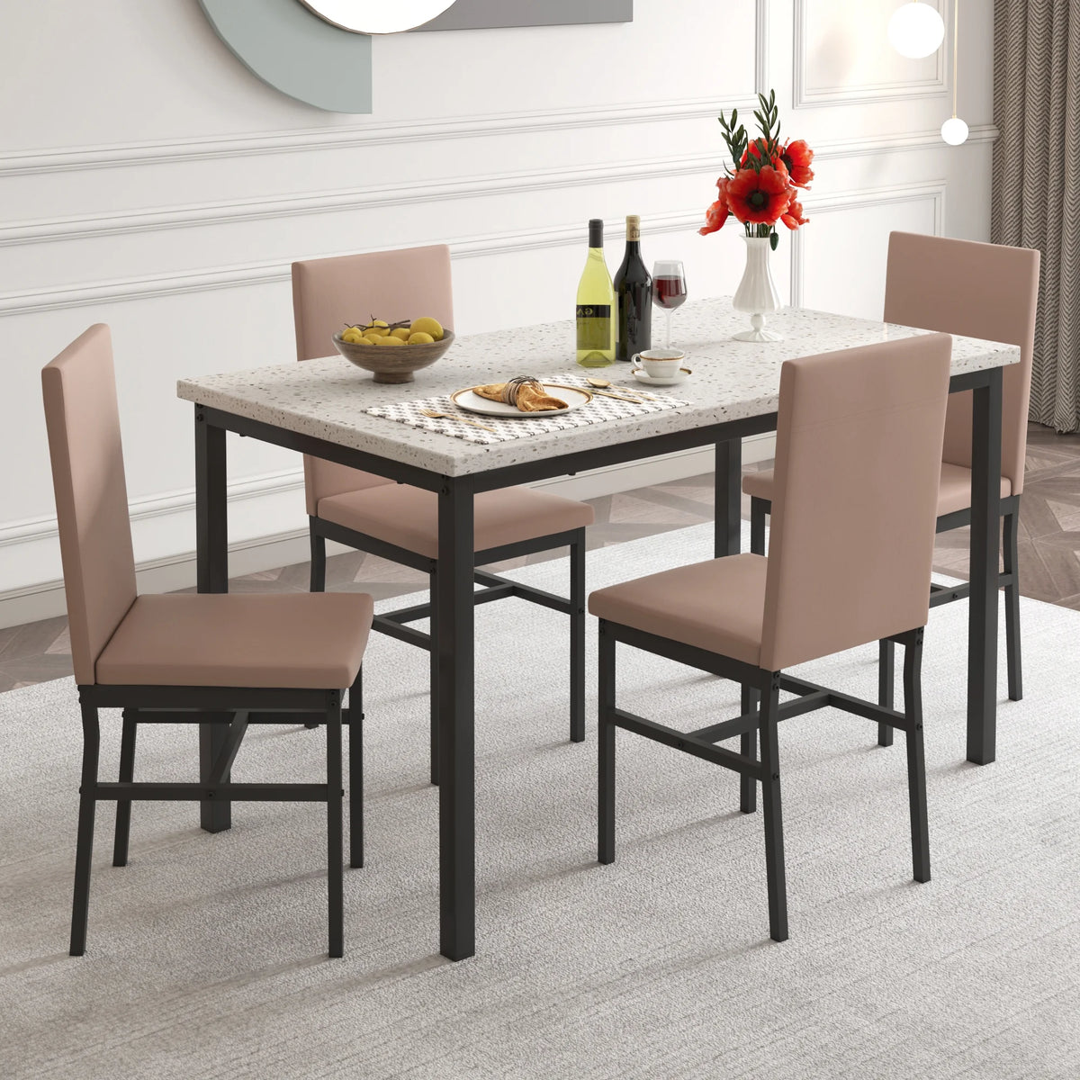 5 Piece Dining Table and Chairs Set with Faux Marble Tabletop and 4 PU Leather Upholstered Chairs E3515