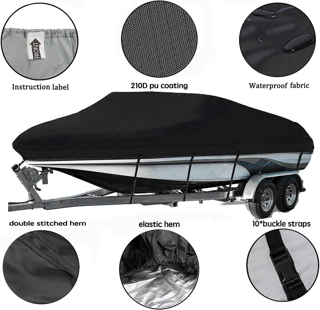 Waterproof Trailerable Runabout Boat Cover with Carrying Bag (20FT-22FT, Black) T83445