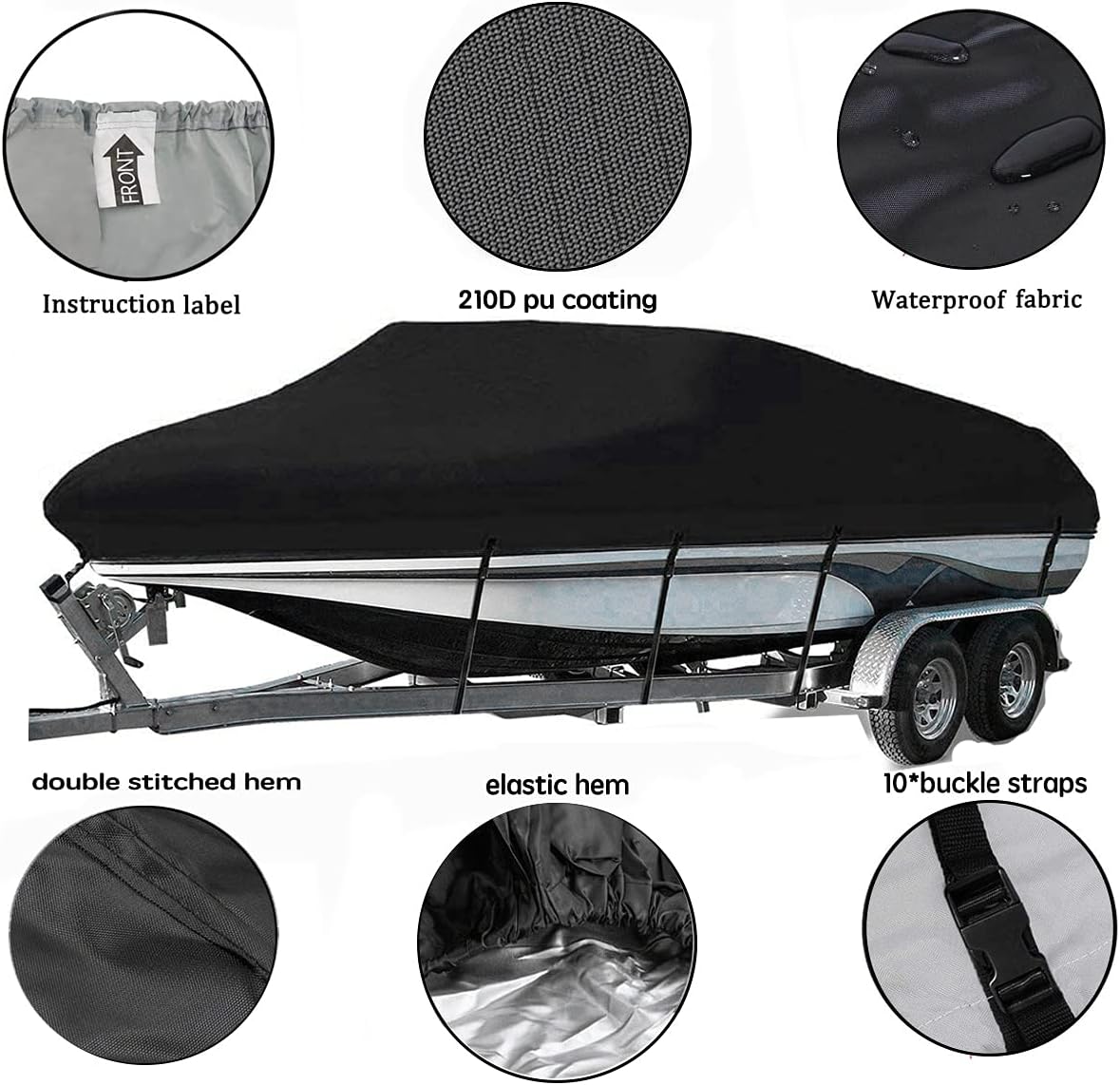 Waterproof Trailerable Runabout Boat Cover with Carrying Bag (20FT-22FT, Black) T83445