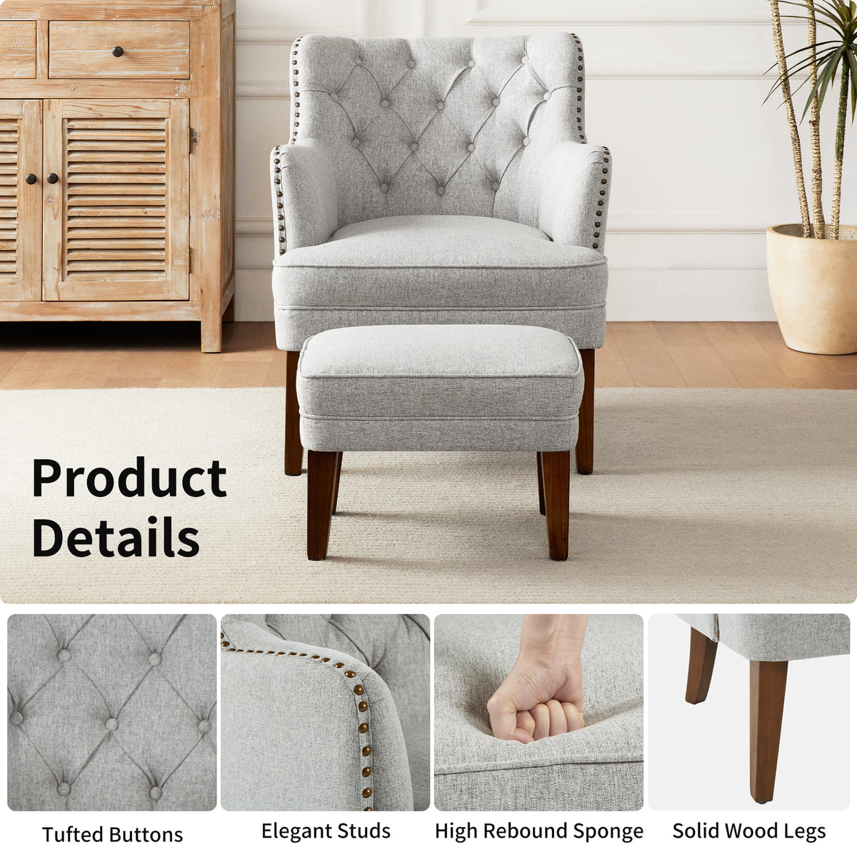 Beige Accent Chair with Ottoman Set N402