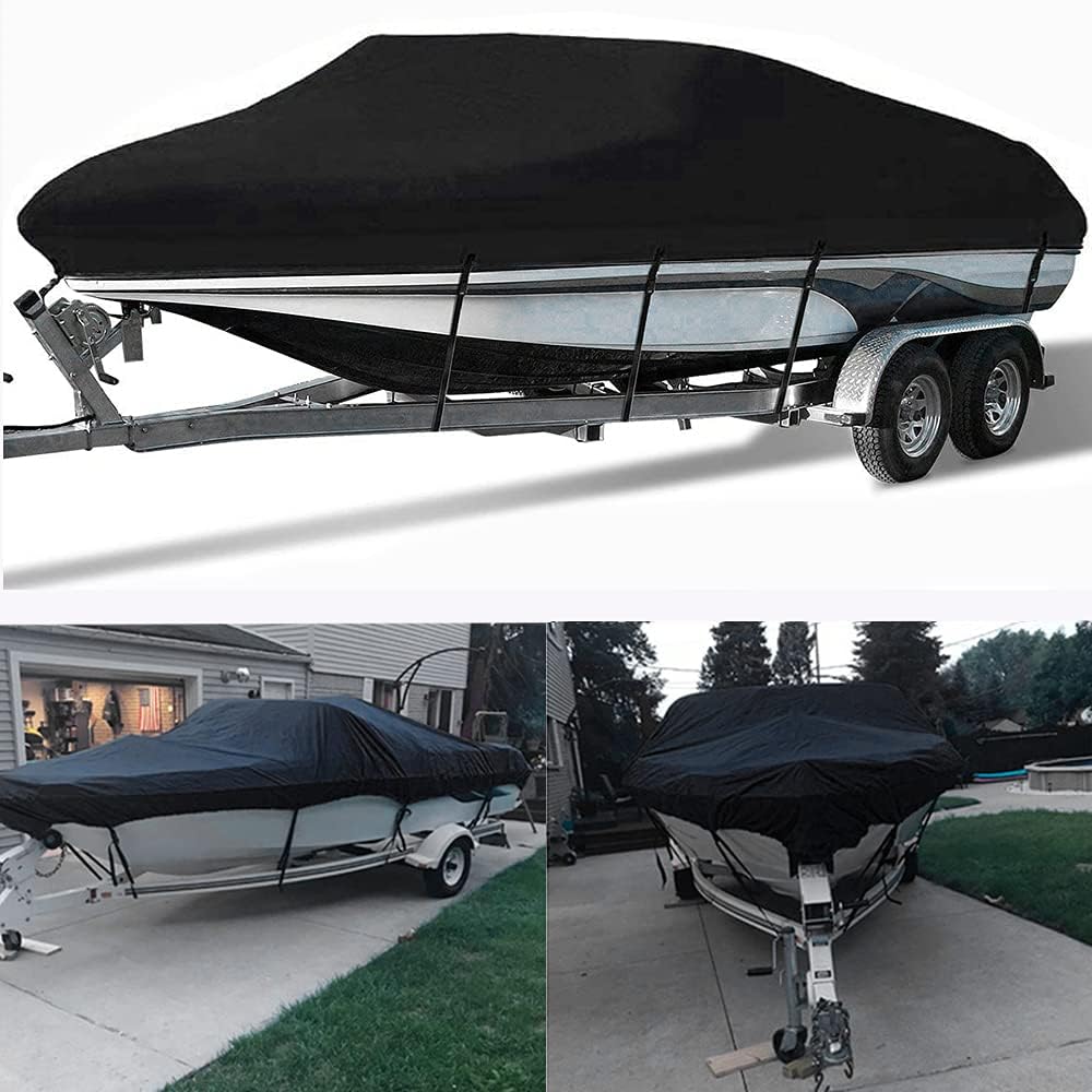 Waterproof Trailerable Runabout Boat Cover with Carrying Bag (20FT-22FT, Black) T83445