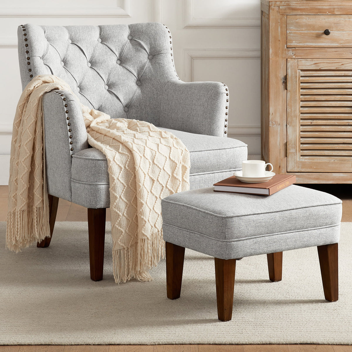 Beige Accent Chair with Ottoman Set N402