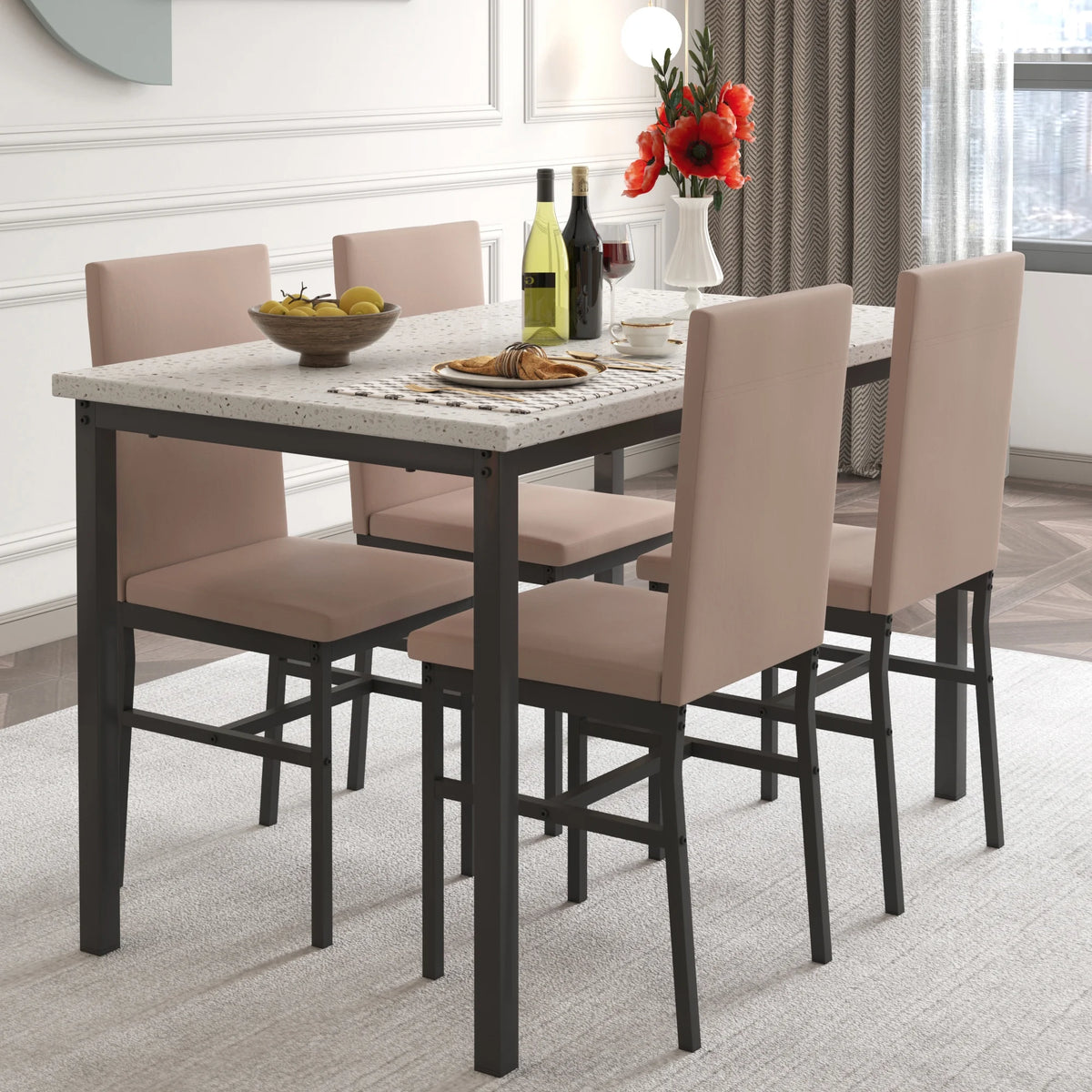 5 Piece Dining Table and Chairs Set with Faux Marble Tabletop and 4 PU Leather Upholstered Chairs E3515