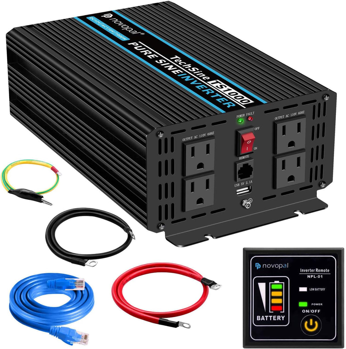 Pure Sine Wave Power Inverter 1000 Watt 12V DC to 110V AC Converter with 4 AC Outlets and One USB Port O3559