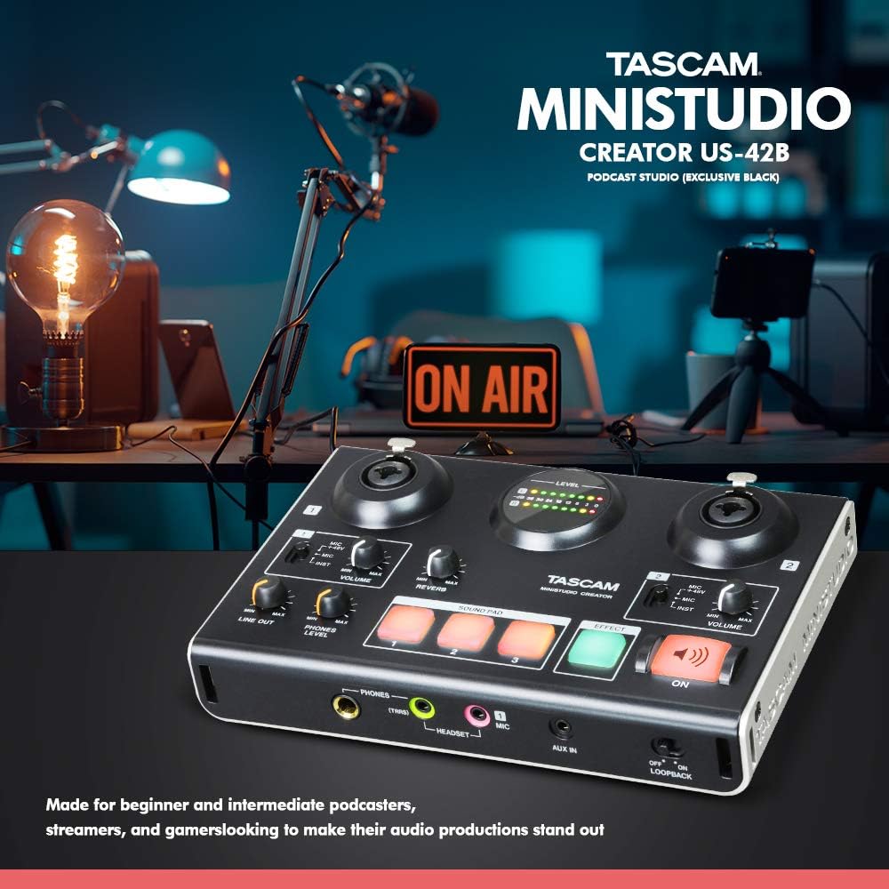 Audio Interface with 2 Samson Microphones + Headphones + Pop Filters + Goose Neck Stands + Cleaning Cloth K887411