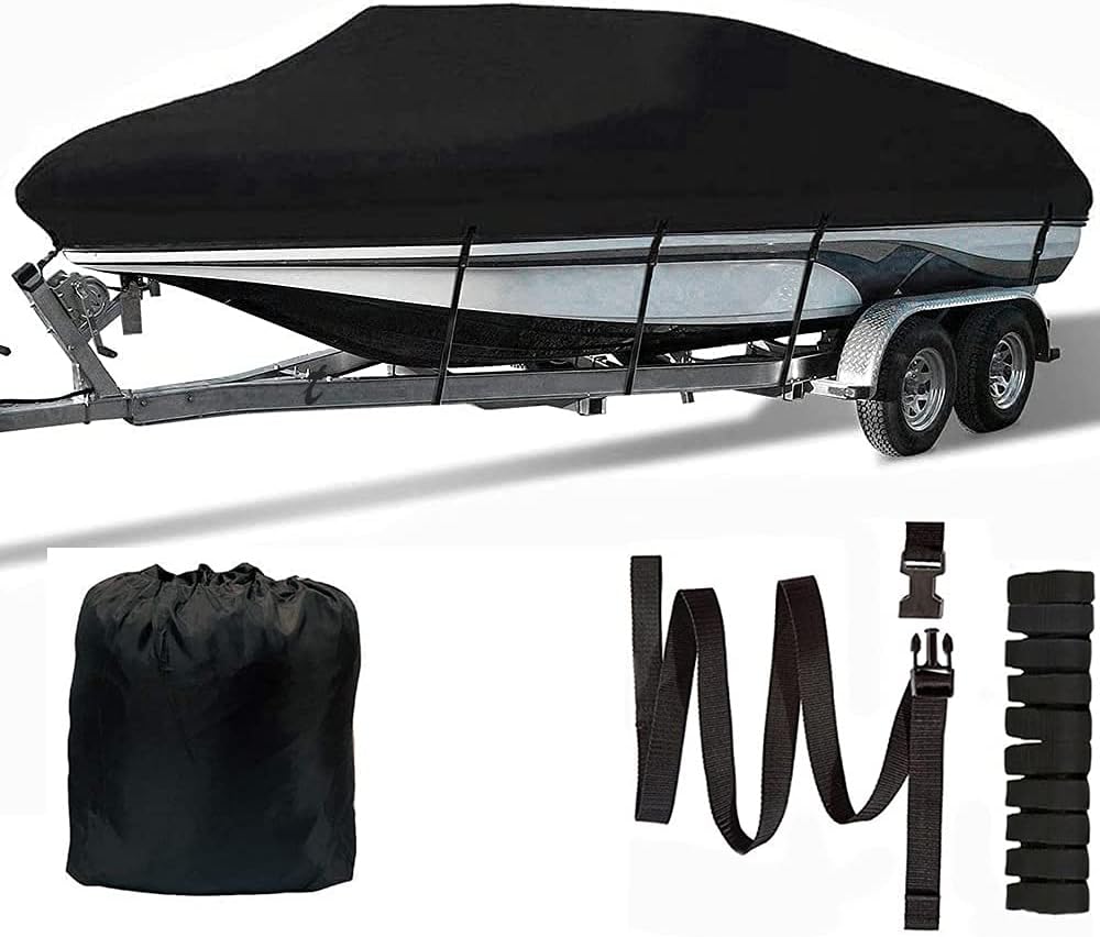 Waterproof Trailerable Runabout Boat Cover with Carrying Bag (20FT-22FT, Black) T83445