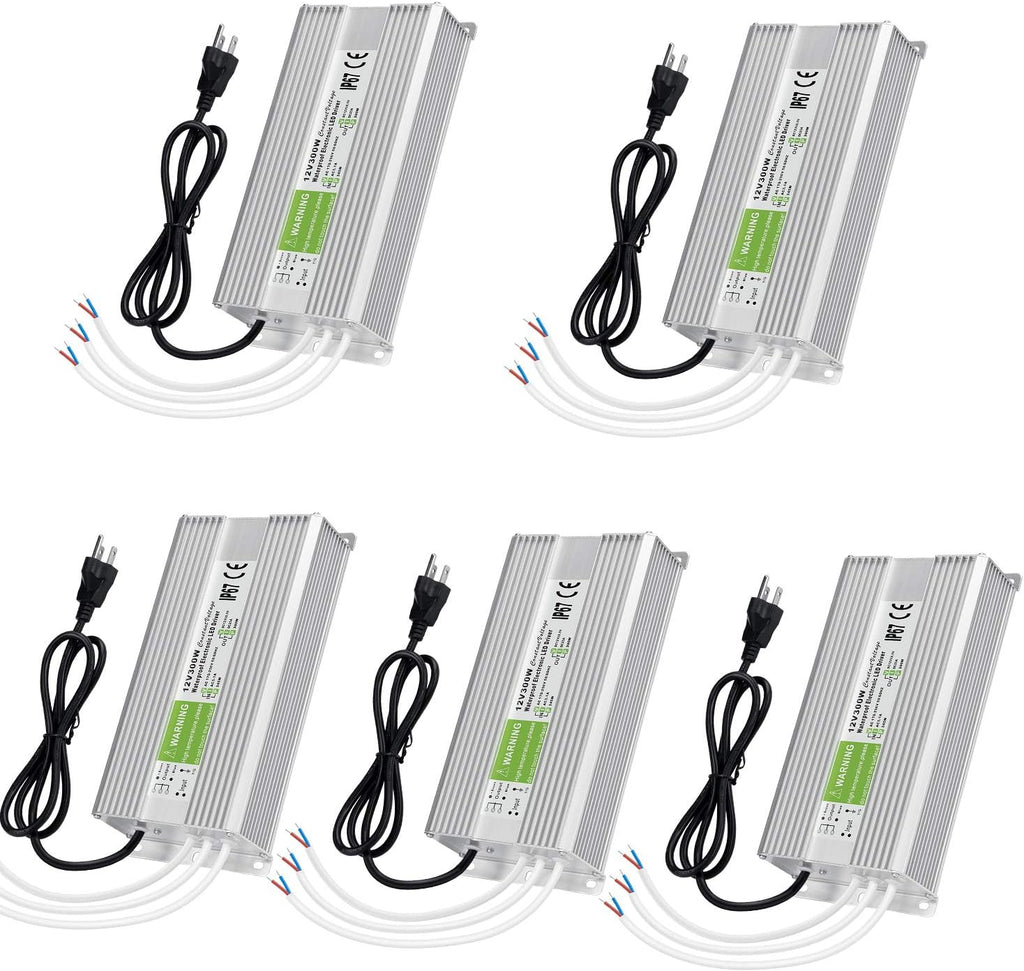 5 Pack Waterproof IP67 LED Power Supply Driver Transformer 300W 110V AC to 12V DC Low Voltage Output with 3-Prong Plug 3.3 Feet Cable M6425