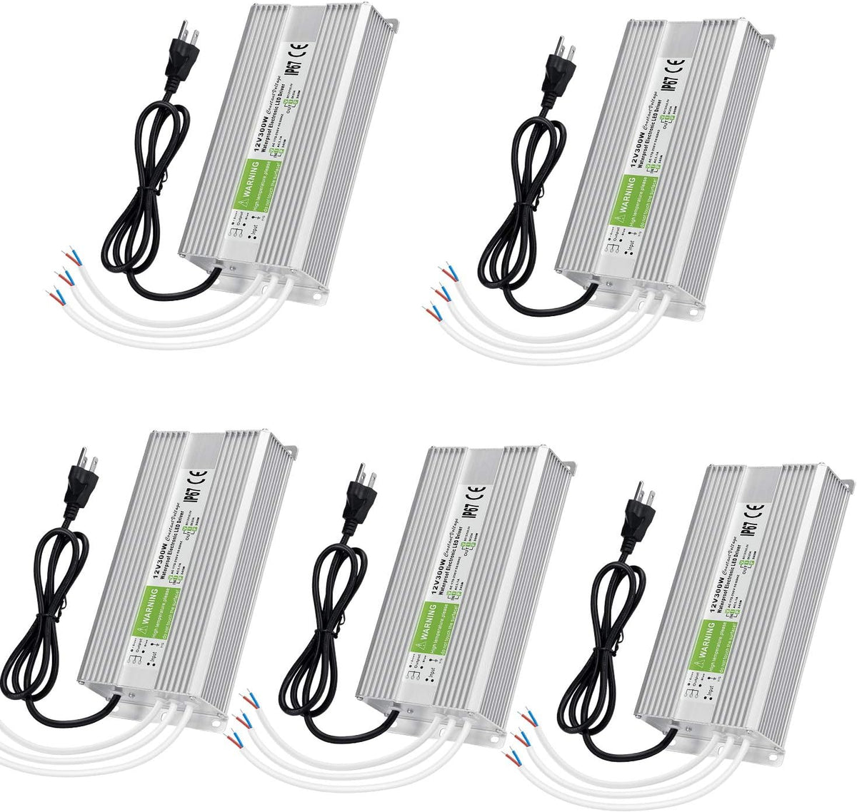 5 Pack Waterproof IP67 LED Power Supply Driver Transformer 300W 110V AC to 12V DC Low Voltage Output with 3-Prong Plug 3.3 Feet Cable M6425