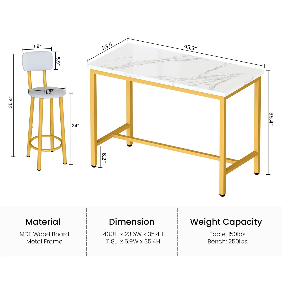 Faux Marble Counter Height Dining Table Set with 4 PU Upholstered Stools L497