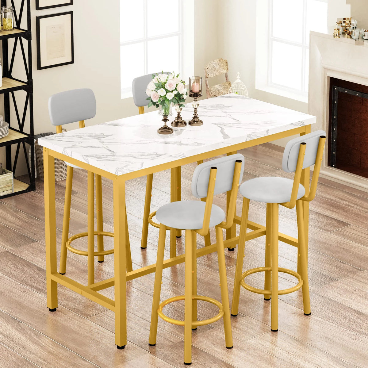 Faux Marble Counter Height Dining Table Set with 4 PU Upholstered Stools L497