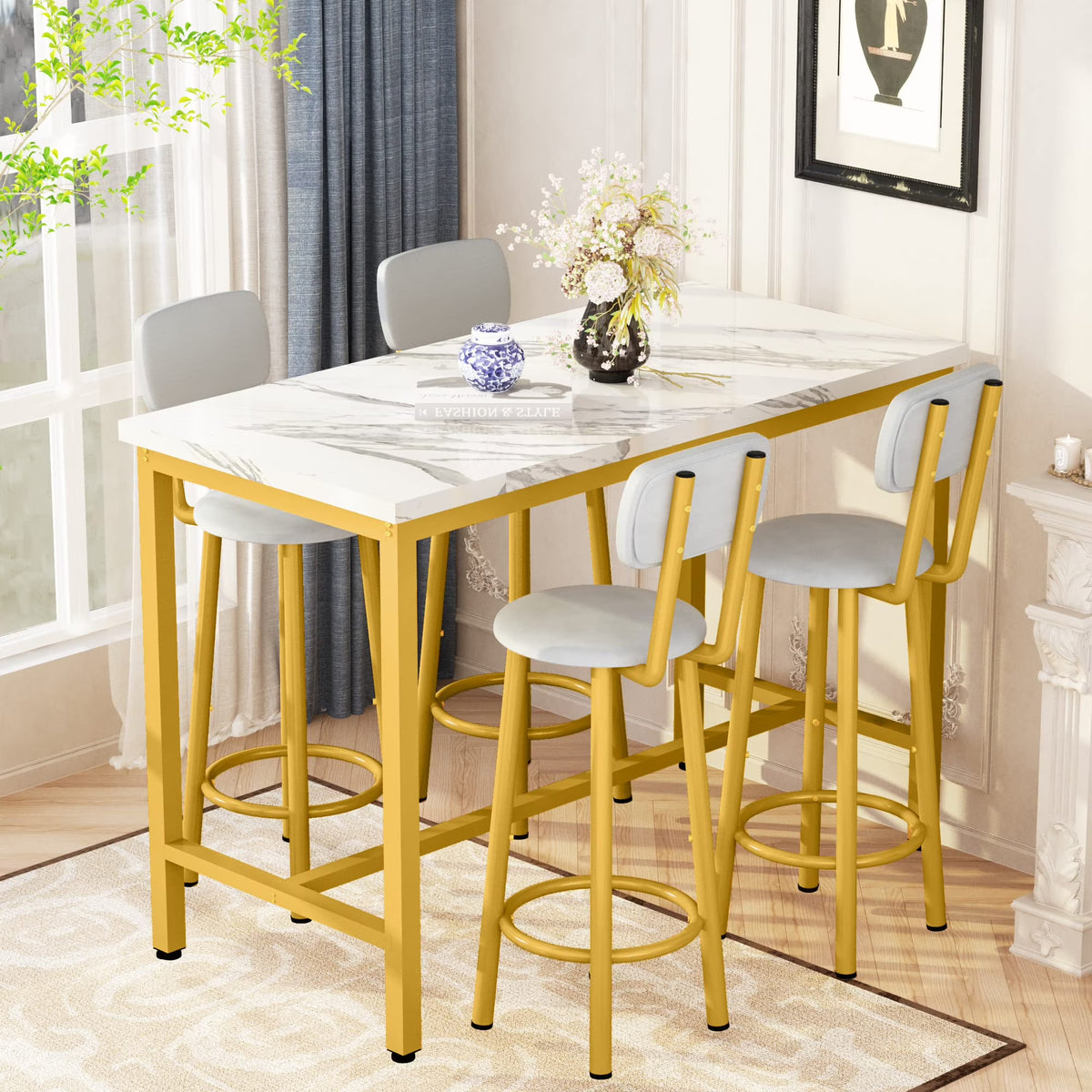 Faux Marble Counter Height Dining Table Set with 4 PU Upholstered Stools L497