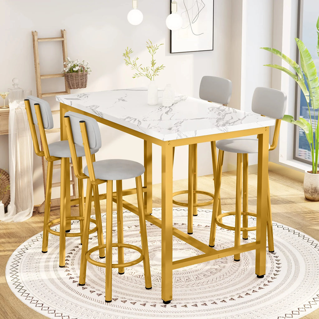 Faux Marble Counter Height Dining Table Set with 4 PU Upholstered Stools L497