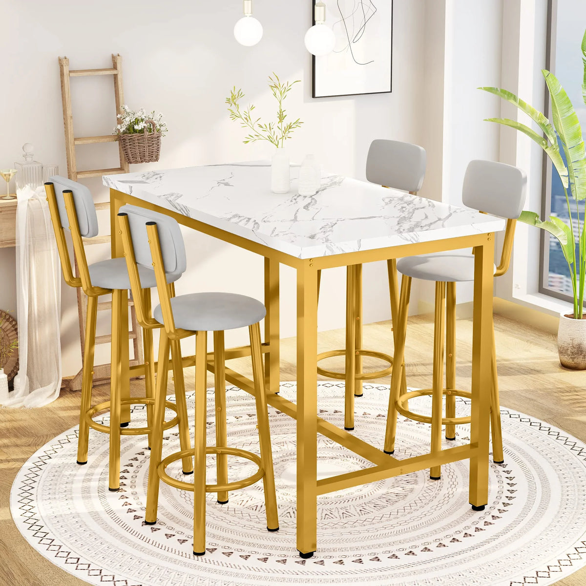 Faux Marble Counter Height Dining Table Set with 4 PU Upholstered Stools L497
