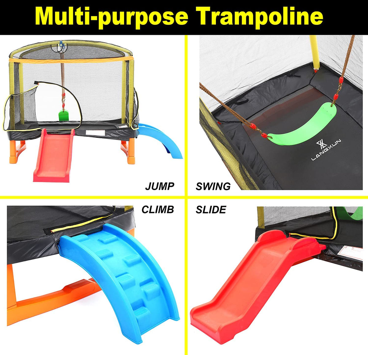 6.5ft 4-in-1 Mini Rectangular Trampoline with Safety Net Enclosure, Padding, Zipper R15829